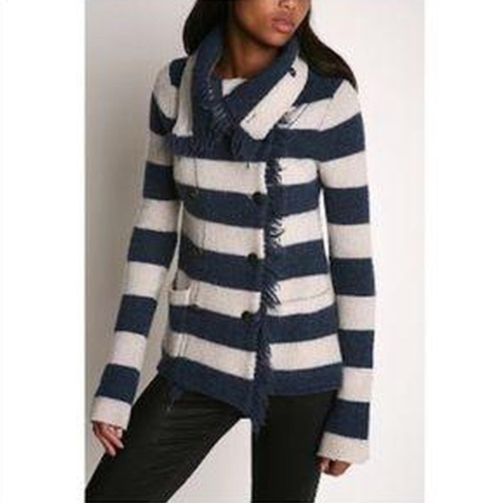 Free People Navy and Cream Striped Knit Cardigan